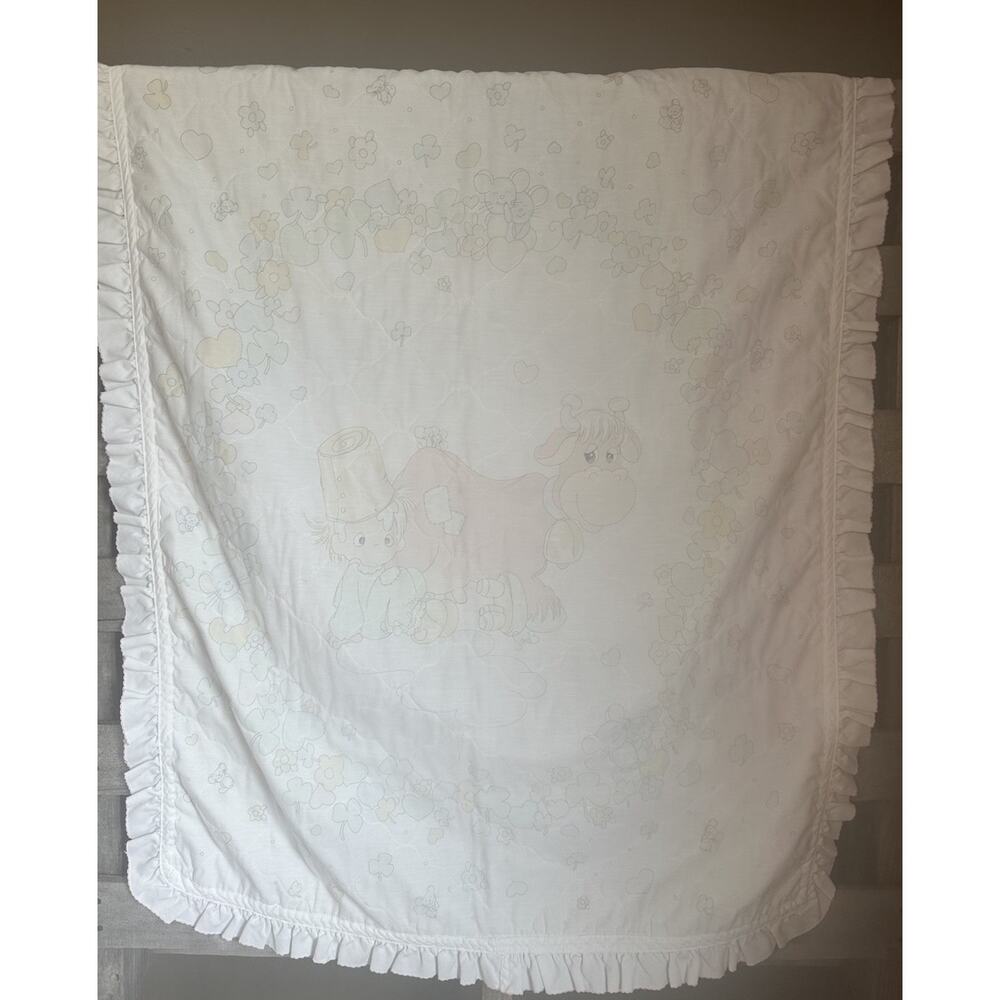Precious moments Baby Toddler Quilt Cow Scene 42x36 White Pastel Ruffle Trim
